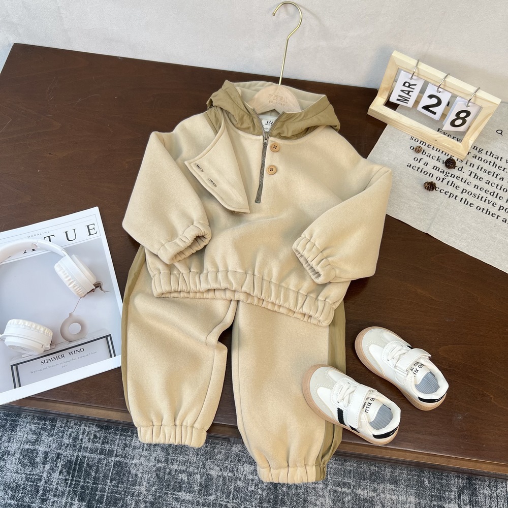 两件套新品儿童韩版冬季连帽卫衣2025抓绒拼接卫裤套装男女童撞色