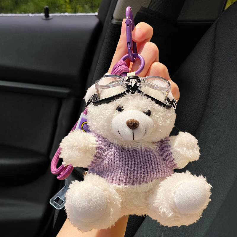Lindo oso llavero de coche muñeca de felpa de mujer colgante de coche llavero hebilla de llave colgante de bolsa anti-pérdida