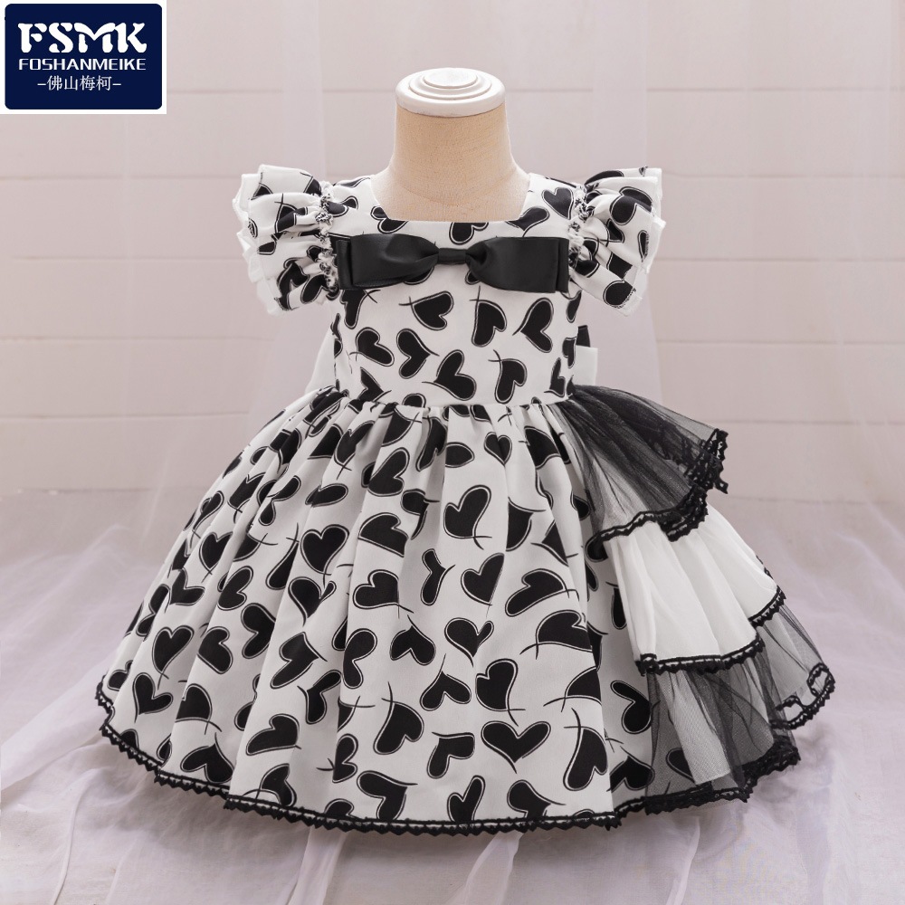 2026 Europa y los Estados Unidos nuevos vestidos de niñas forjados amor impresión vestido de princesa vestido infantil vestido de aniversario bebé
