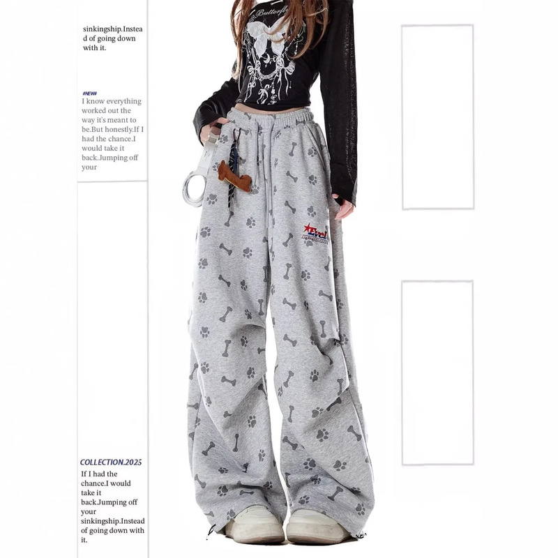 American-Style Gray Printed Sports Sweatpants for Women, Autumn and Winter New Style, Pleated Relaxed Fit, Loose Casual Versatile Pants