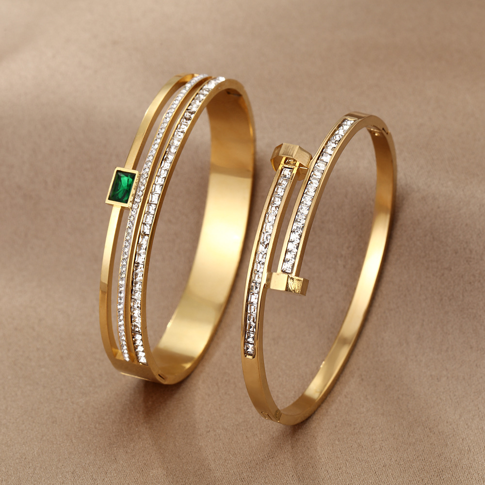 Cross-Border Best-Selling Gold Stainless Steel Bracelet for Women, High-End Open Design, Diamond-Encrusted Zircon Non-Fading Bracelet