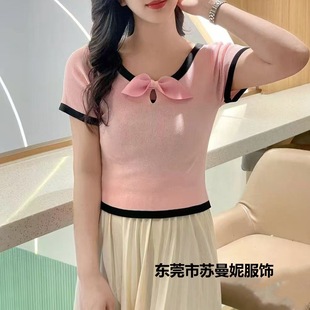 Sweet Design, New Spring and Summer Korean Style Slimming Square Collar Bow Knitted Short-Sleeved Top