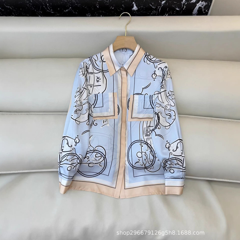 French-Style Nanyou 2026 Spring/Summer New Twill Silk Glossy Printed Loose Long-Sleeve Shirt Top