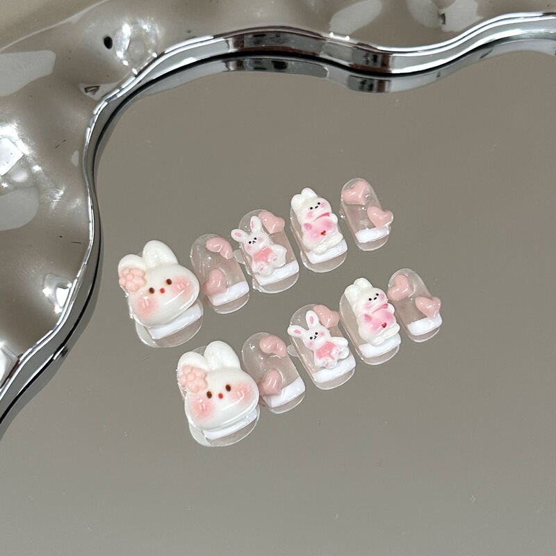 Hand-worn Nail Superior Sense Cute Pink Love Short Nail Art White Rabbit Cartoon French Nail