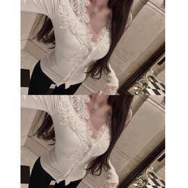 2025秋季芷若芳心*温婉优雅纯欲刺绣重工蕾丝v领长袖修身上衣女装