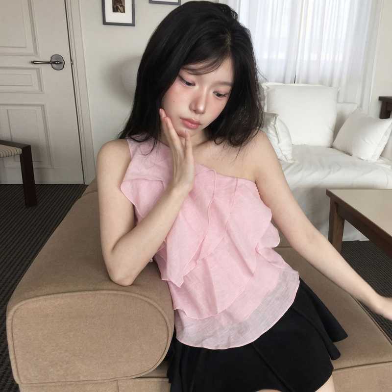The Size Has Been Updated. One-Shoulder Ruffled Asymmetrical Camisole for Women, Summer Design, Sleeveless Short Top
