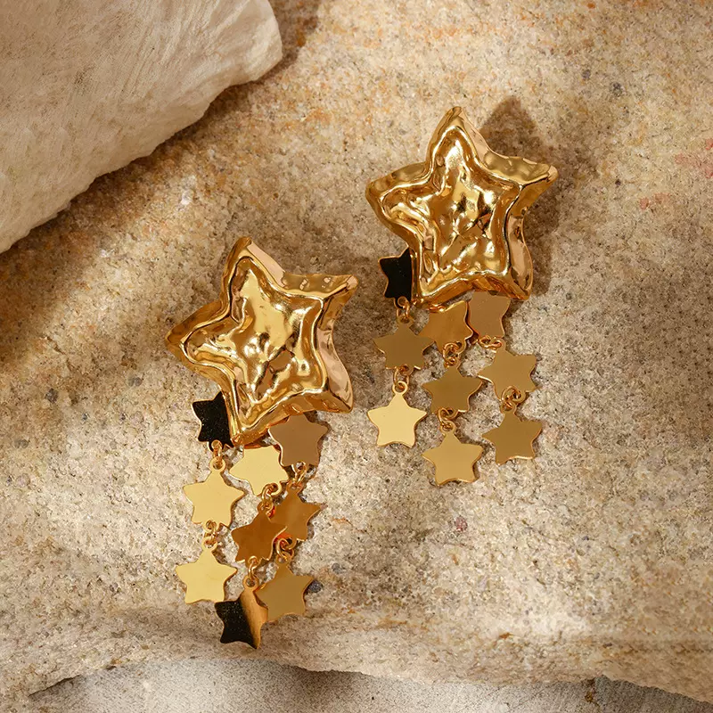 跨境欧美新款敲打纹五角星星流苏耳环女个性时尚18K金不锈钢耳环