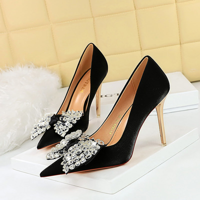 1829-H9 European and American style banquet women&apos;s shoes with metal heels, super high heels, satin, shallow cut po