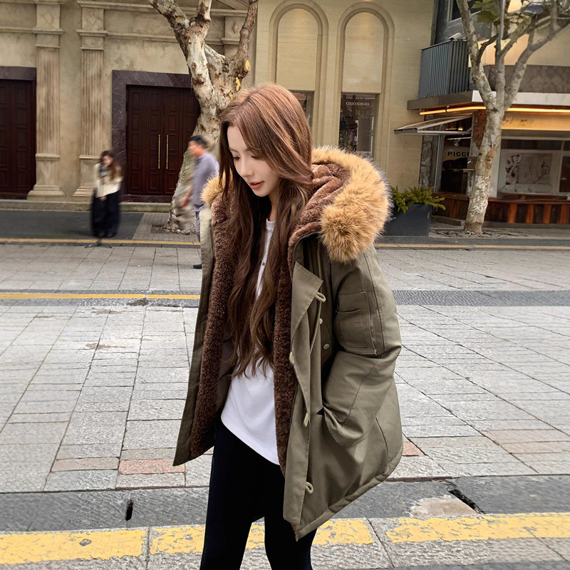 American Retro Workwear Large Fur Collar Hooded down Cotton Jacket for Women Winter Thickened Warm Parka Cotton Coat American Retro Workwear Large Fur Collar Hooded down Cotton Jacket for Women Winter Thickened Warm Parka Cotton Coat
