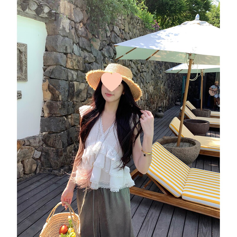 Ouyang V ネックレースアップシフォンノースリーブシャツ女性の夏のデザインセンスニッチフレンチフリルトップ|undefined