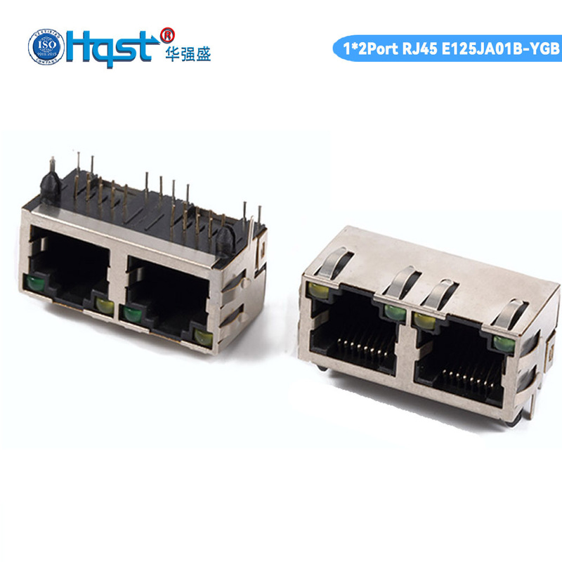 Rj45 Short Dual-Port 90-Degree Shielded with Spring and Dual Light Network Connector Port Socket E125Ja01B-Ygb