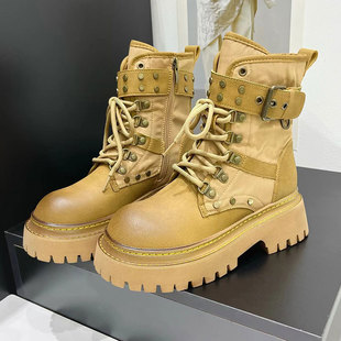 Martin Boots Women 2024 New Leather Stitching Belt Buckle Rhubarb Boots Knight Boots Vintage Rivet Motorcycle Boots