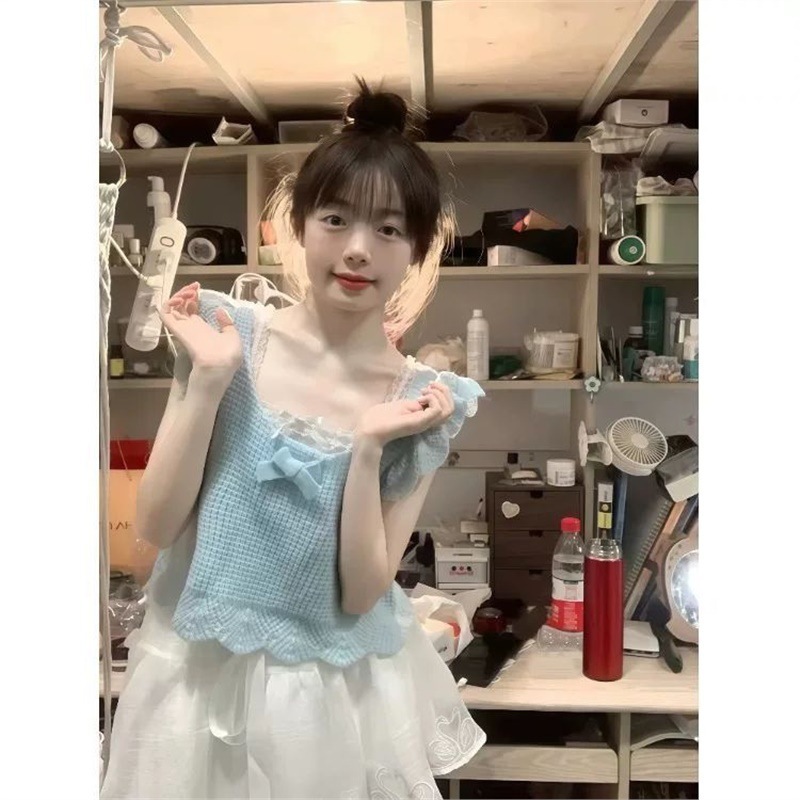 日系奶乖软妹蓝色小飞袖针织背心女夏季小个子短款减龄蝴蝶结上衣|undefined