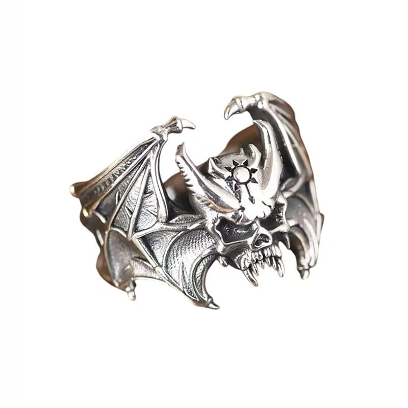 European and American Skull Bat Ring Imitation Silver Opening Retro Stylish Trendy Wide Version Ring Punk Jewelry for Men