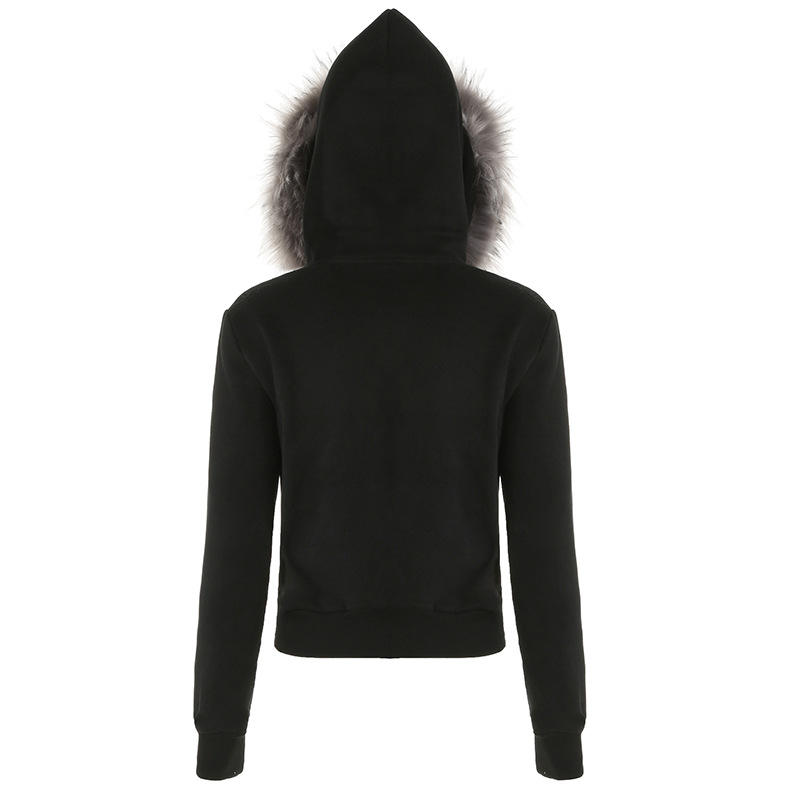 Street Retro Hooded Furry Splicing Coat Winter Slim Fit Warm Double Headed Zipper Cardigan Sweatshirt