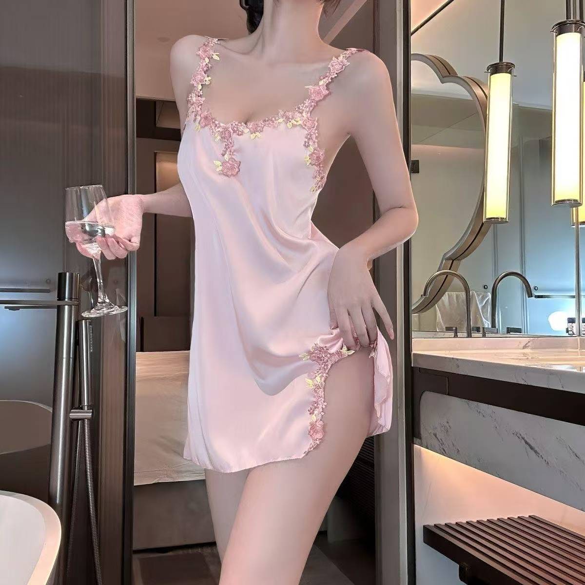 Embroidered Silk-Feel Backless Slip Nightgown, Lightweight Polyester Summer Lingerie, One Size — detail image 6