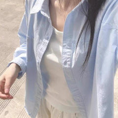 纯色蓝色衬衫女春秋2025新款翻领内搭长袖衬衣外穿小个子韩系上衣