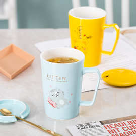可爱卡通动物陶瓷杯子大容量马克杯简约带盖勺情侣杯咖啡杯牛奶杯