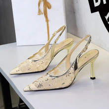8088-8 European and American style sequins embellished with lace mesh, with an empty one button sexy party, thin heel, wearing sandals for women