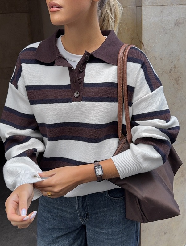 欧美风小众复古polo衫条纹毛衣女秋冬外穿时尚慵懒风百搭毛衣批发|undefined