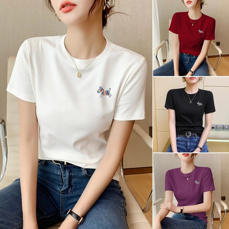 Rainbow Horse】Summer Round Neck Short-Sleeved T-Shirt for Women, Versatile Half-Sleeved T-Shirt for Women, Pure Color Slimming Look White Student Top Rainbow Horse】Summer Round Neck Short-Sleeved T-Shirt for Women, Versatile Half-Sleeved T-Shirt for Women, Pure Color Slimming Look White Student Top