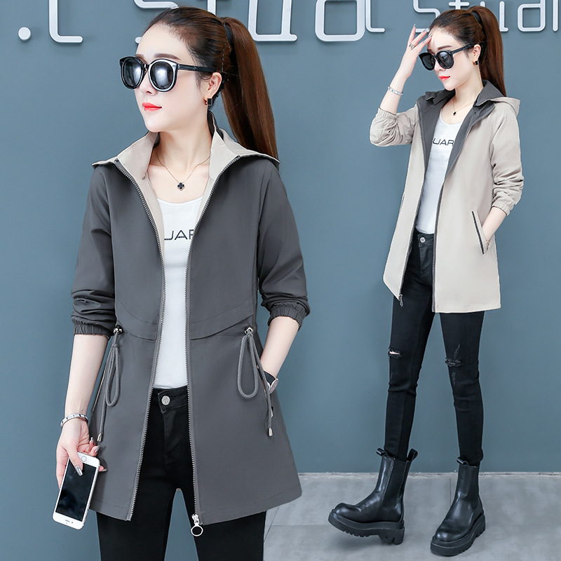 Reversible Mid-Length Hooded Detachable Jacket Windbreaker Jacket for Women Spring & Fall Elastic Loose Waist Middle-Aged Mother's Wear