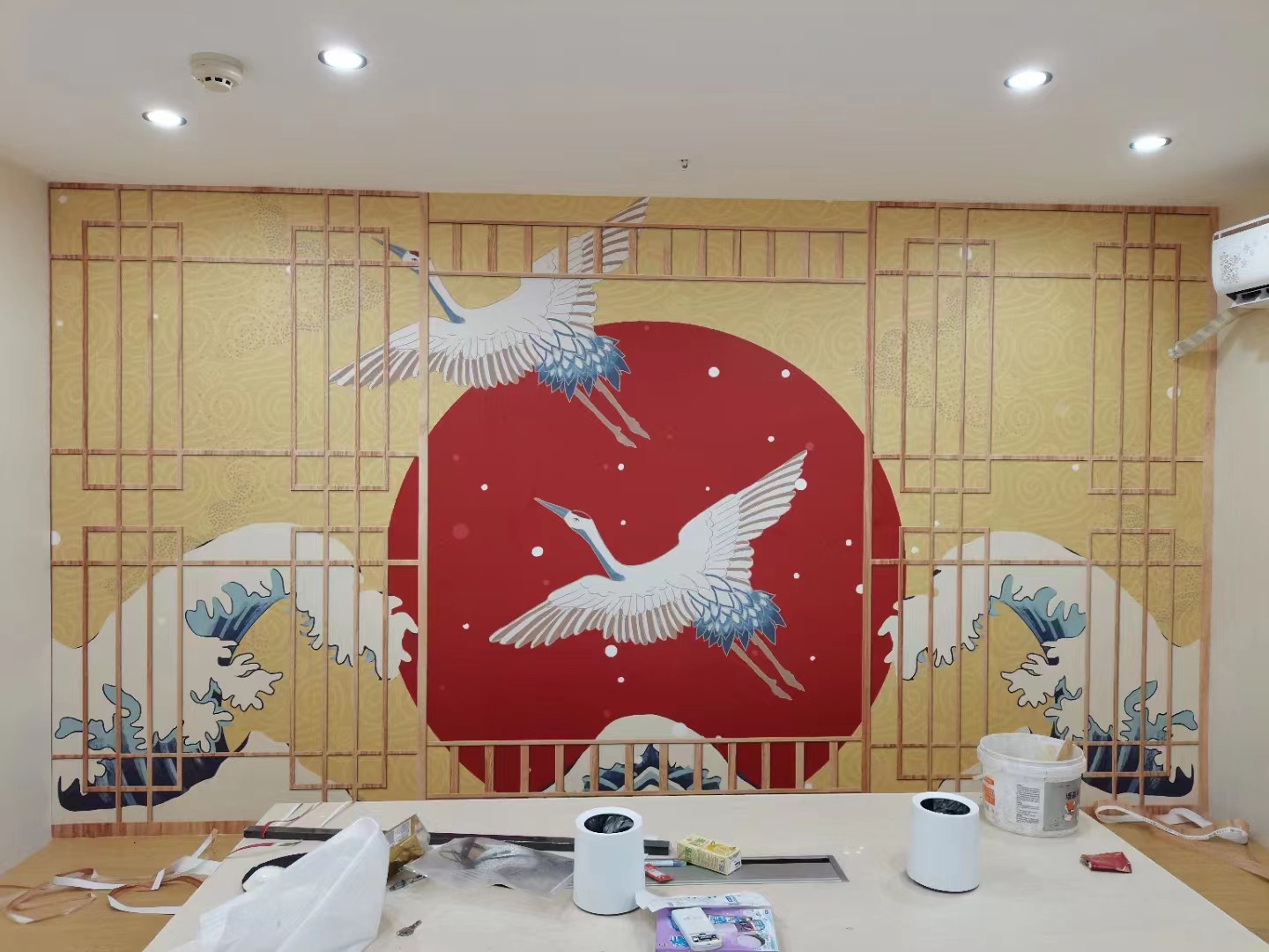 背景墙工装日式海浪仙鹤太阳榻榻米3345161