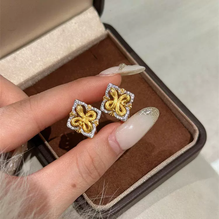 中古布契风拉丝四叶草灵蛇耳钉女轻奢高级感耳饰小众百搭套装