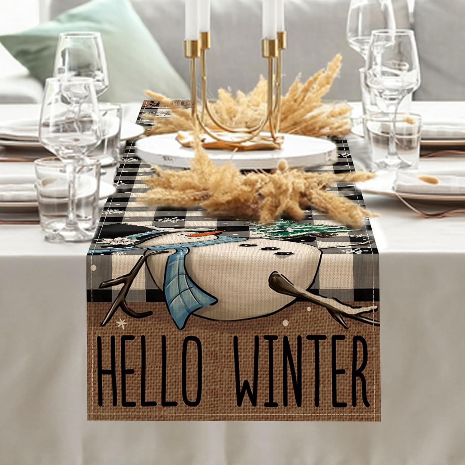 Transfronterizo 2024 Amazon nuevo invierno Navidad muñeco de nieve flocos de nieve lino tabla bandera de mesa mesa mesa de comedor bandera de té image 5