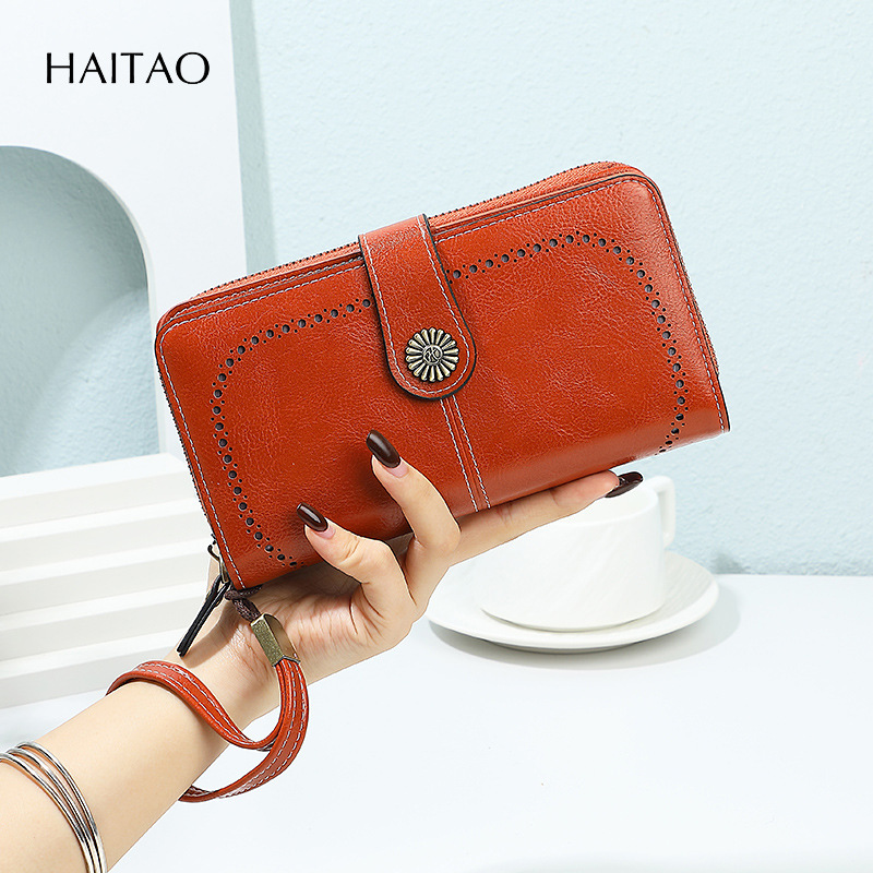 2025 bolso transfronterizo de cuero de aceite con cremallera larga para teléfono móvil comercio exterior nuevo monedero hueco moda femenina triple mano