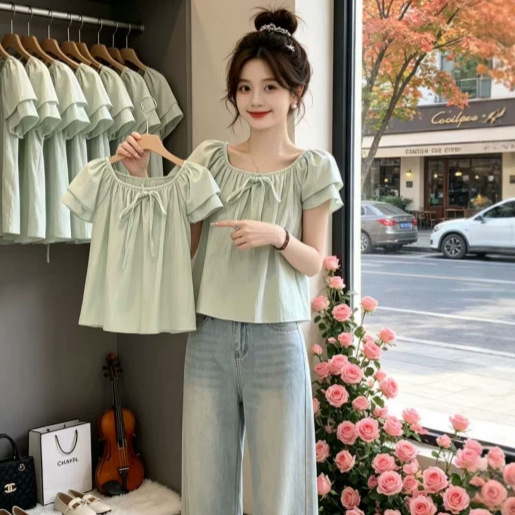 White New Summer Sweet and Cool Niche Shirt for Women, New One-Line Collar Versatile Shirt, Korean Style Super Fairy Doll Shirt for Women