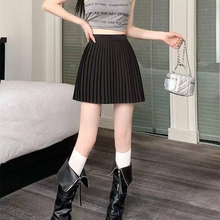 High-Waisted Pleated Mini Skirt with Built-in Safety Shorts, Black A-line Office Style — detail image 4