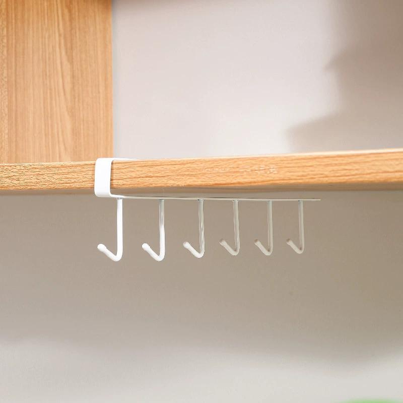 Punch‑free 6‑hook under‑shelf hanging rack, multi‑row storage for cabinet and kitchen