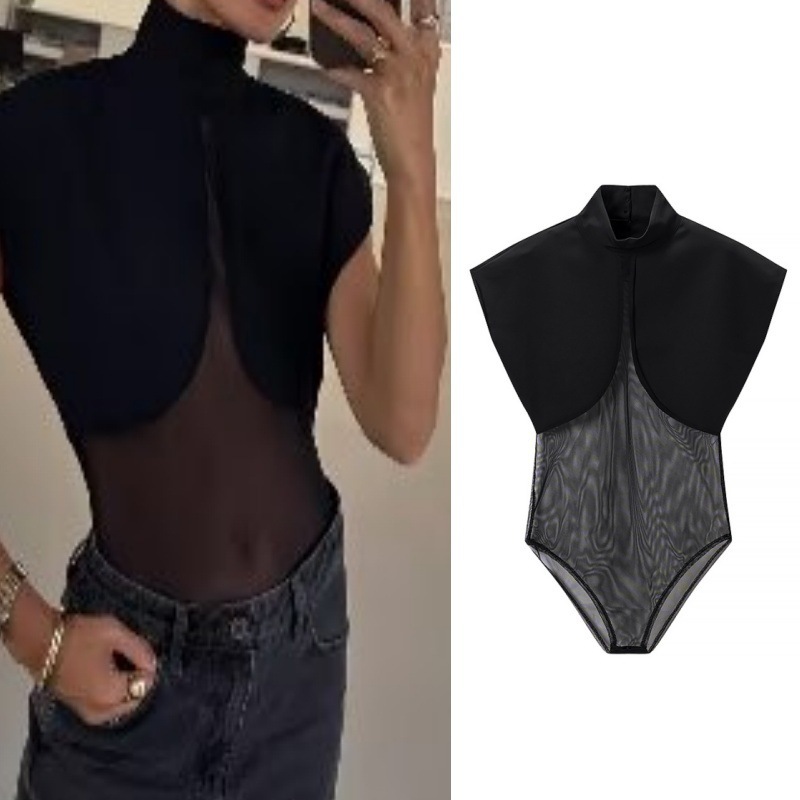 Cross-border European and American foreign trade wholesale AliExpress French sexy hot girl style see-through sleeveless slim stand collar jumpsuit