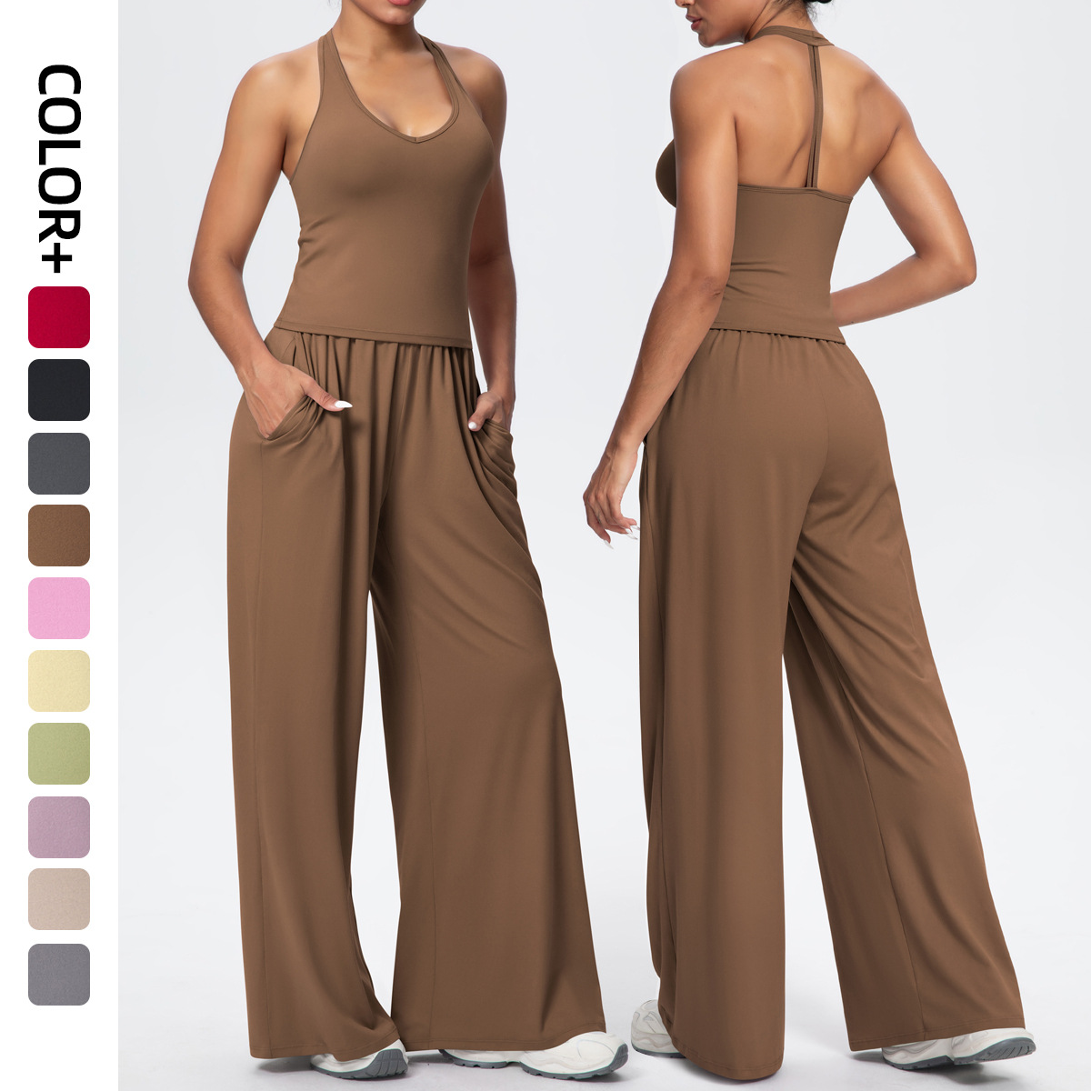 Cross-Border V-Neck Beauty Back Tight-Fitting Breathable Solid Color Wide-Leg Yoga Outfit For Women Sports Running_voghion.com