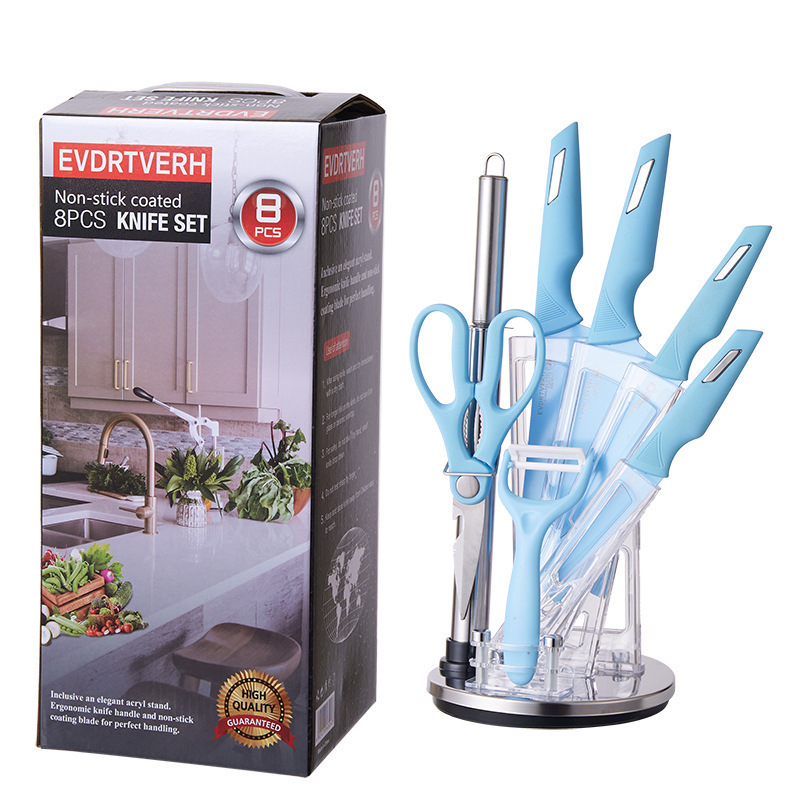 En stock fábrica Comercio exterior galvanoplastia acrílico cuchillo titular ocho piezas traje caja de regalo cuchillo conjunto de acero inoxidable aerosol pintura cuchillo cinturón