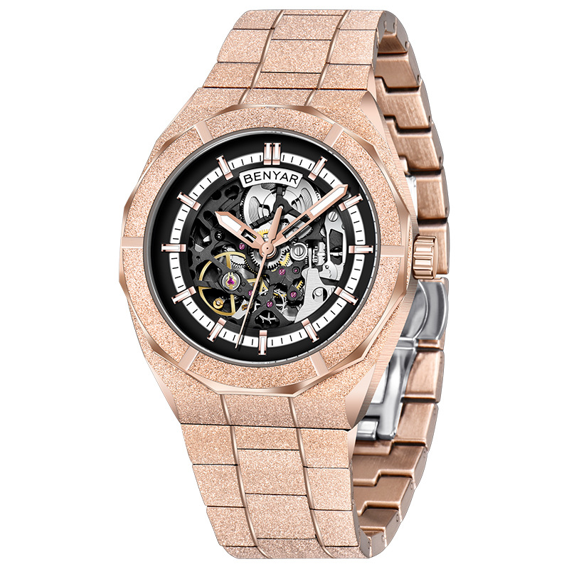 Benyabenyar reloj de hombre mecánico automático de moda impermeable nocturna deportivo hueco reloj de pulsera de acero 5212