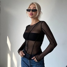 2024秋季新品甜辣个性纯色纹理感设计纱网透视紧身长袖T恤上衣女