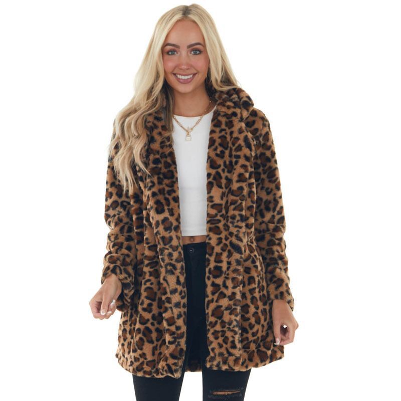European and American Autumn and Winter Rabbit Fur Leopard Print Mid-length Women's Fashion Elegant Jacket with Pocket Loose Fur Plush Women's Clothing