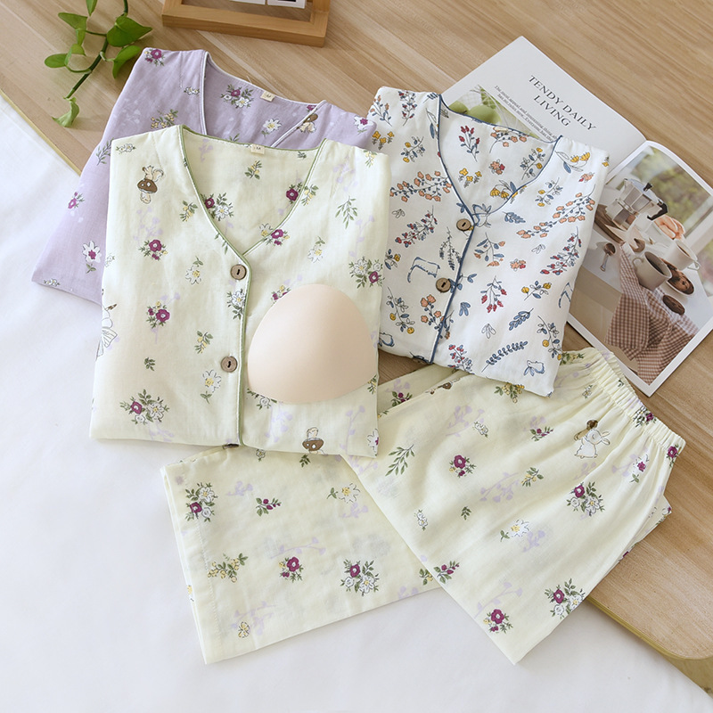 가슴 패드 V-Neck 긴팔 바지 파자마 세트 여성 사계절 얇은 브래지어없는 홈 옷을 입은 면 더블 레이어 원사 천