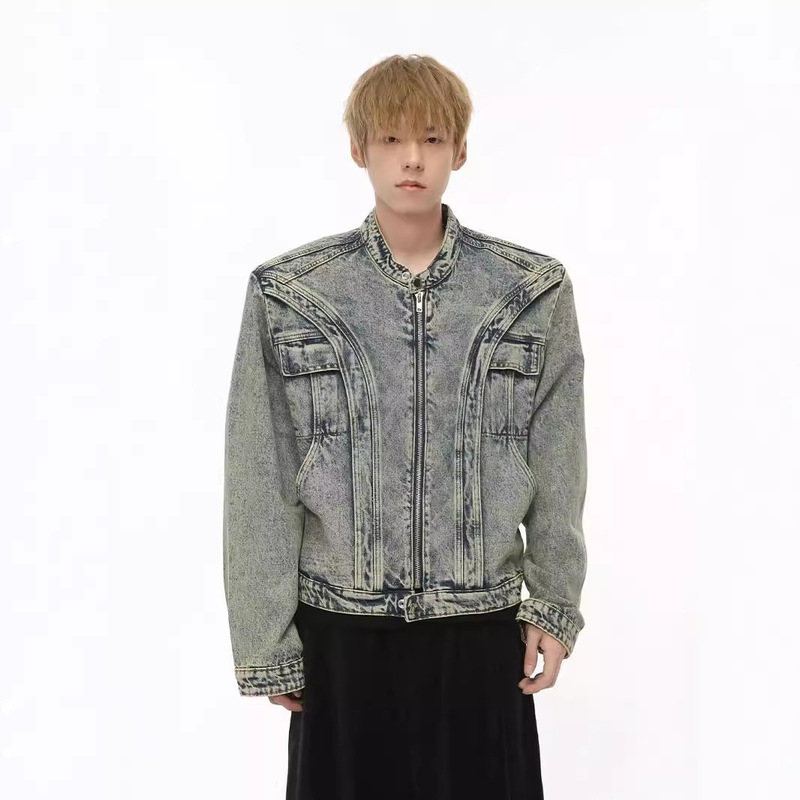 2024 new American short Denim coat men's high-grade ruffian handsome niche designer men's shoulder pad Denim jacket