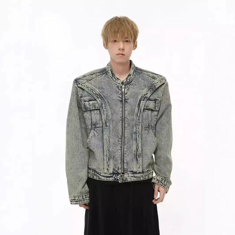 Короткая деним мужская куртка, мелкий дизайн плечевые вставки, американский стиль