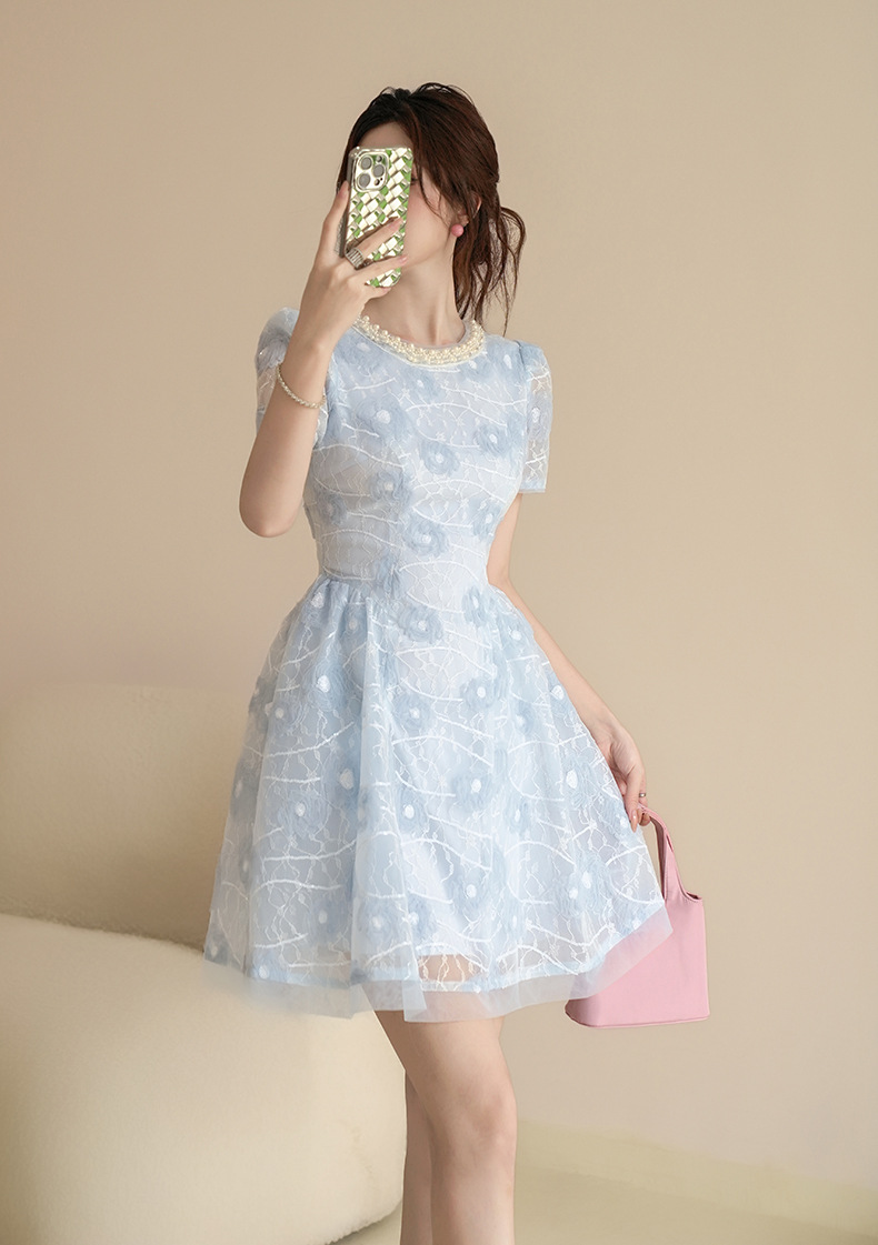 Váy cổ tròn chữ A ngắn tay mùa hè phong cách retro Pháp eo thon — màu xanh chi tiết 5
