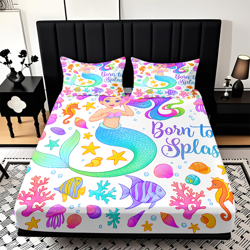 Modo JIT Temu serie de dibujos animados de sirena textil doméstico impresión digital cama de cama de cama kit fábrica de procesamiento