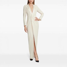 2025春秋新款 气质修身双排扣加长款女纯色西装优雅白色外套