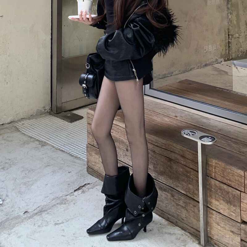 First Encounter with the Season's Black Stiletto High-Heeled Boots for Women, Featuring a Unique Design, Foldable and Convertible into Knee-High Riding Boots, Perfect for the Trendy Girl