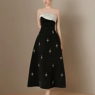 黑白撞色气质抹胸连衣裙女2024夏新款抹胸镶钻星星优雅风连衣裙