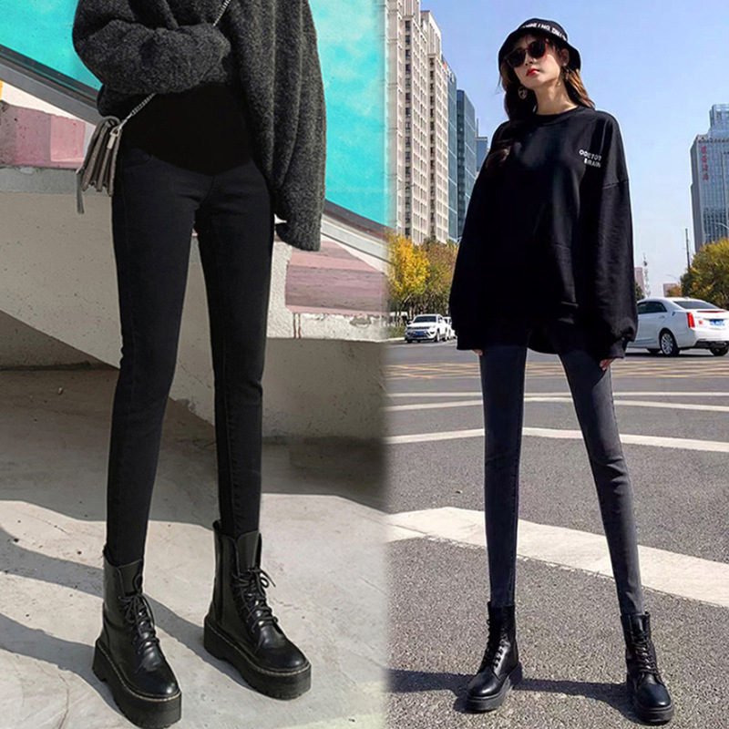 Fashion Pregnant Women's Jeans 2025 Spring and Autumn Outfit High Waist Elastic Tight Leggings Smoky Grey Black Pants Slimming Fashion Pregnant Women's Jeans 2025 Spring and Autumn Outfit High Waist Elastic Tight Leggings Smoky Grey Black Pants Slimming