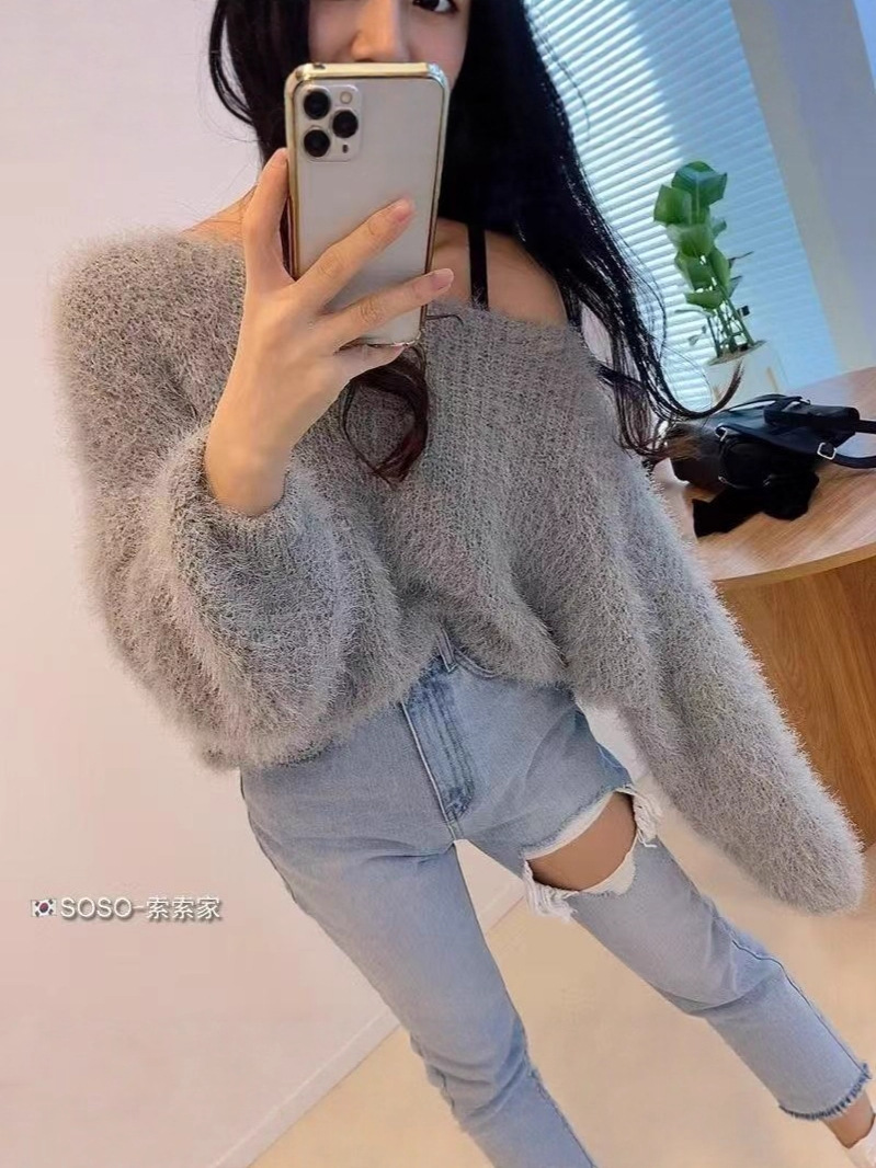Russian Retro Lazy Style Faux Mink Knit Sweater, Japanese-Style Off-Shoulder Autumn and Winter Design Niche Sweater