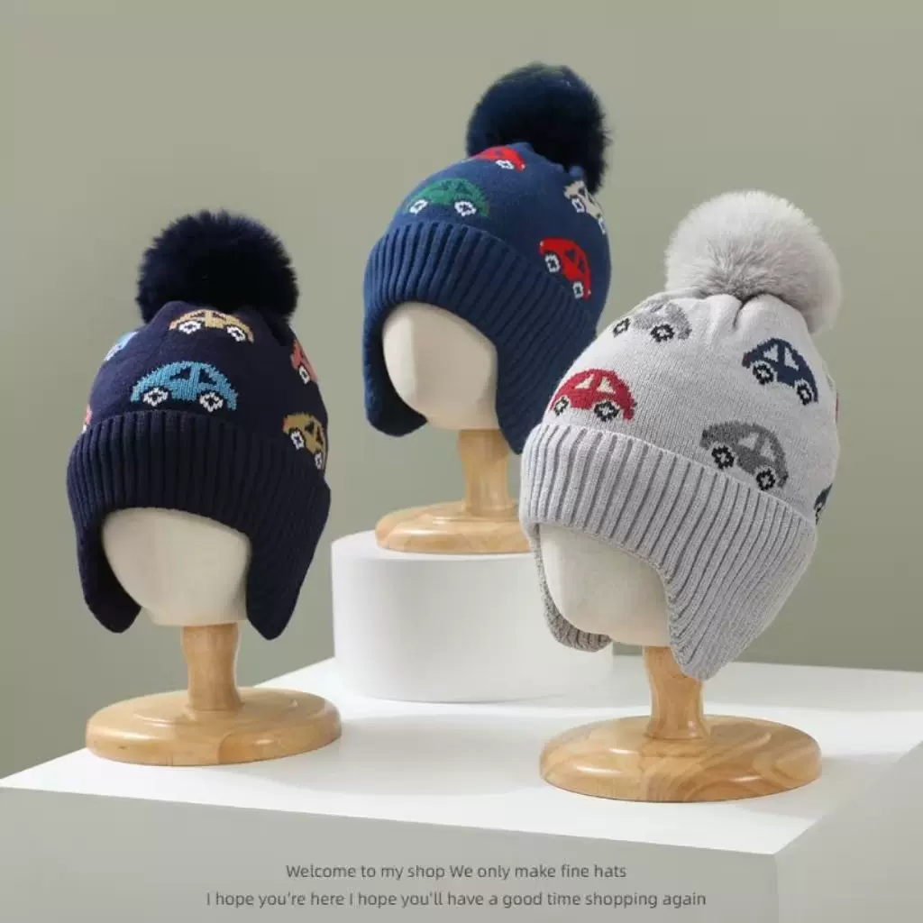 儿童针织护耳帽汽车针织帽跨境毛线帽宝宝双层加绒毛球套头毛线